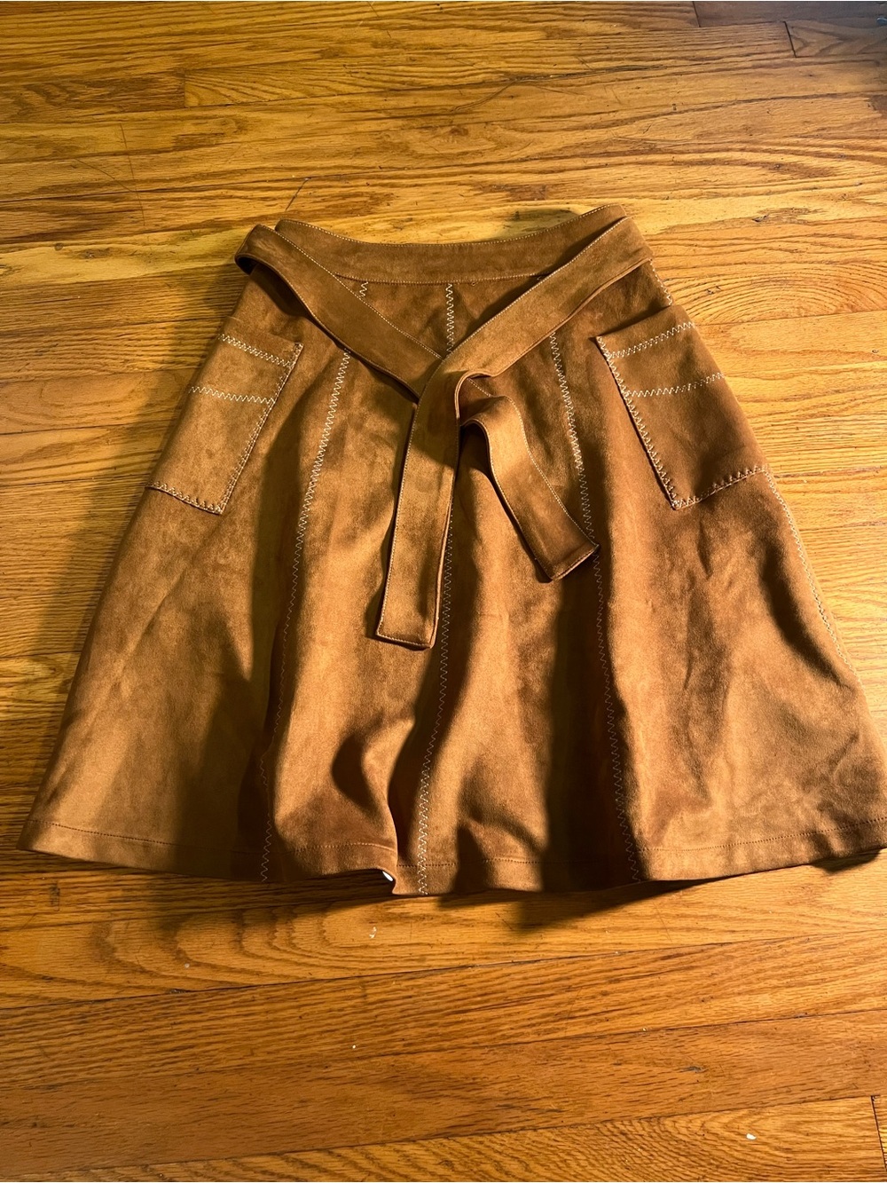 Unique Vintage Camel Brown Faux Suede A-Line Skirt with Tie Belt